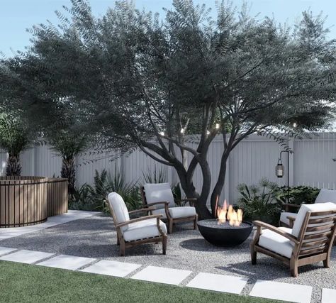 Backyard Landscape Design Package | Yardzen Fire Pit Seating Area, Modern Fire Pit, Fire Pit Landscaping, Backyard Seating, Fire Pit Seating, Backyard Remodel, Fire Pit Area, Modern Backyard, Backyard Inspiration