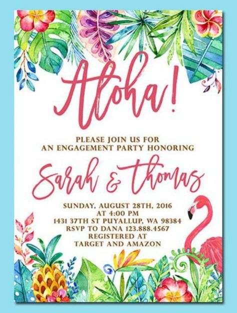 If you're getting engaged over the summer then a Hawaiian Luau is the perfect theme to celebrate your wonderful news.Luaus' are such laid back affairs with wonderful cocktails. This luau engagement party invitation has everything you need to get the party started. See more party ideas and share yours at CatchMyParty.com #catchmyparty #partyideas #luauparty #engagementpartyinvitation #luauengagementparty Engagement Party Luau, Luau Engagement Party, Luau Crafts, Themed Engagement Party, Luau Bridal Shower, Luau Party Invitations, Hawaii Themed Party, Sweet 16 Party Invitations, Luau Invitations