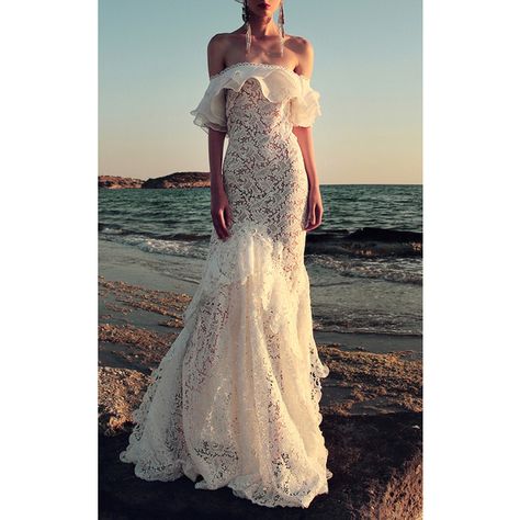 Costarellos     Floral Lace Tea Dress ($7,490) ❤ liked on Polyvore featuring dresses, white, lace dress, off the shoulder lace dress, off the shoulder dress, floral dresses and off-the-shoulder ruffle dresses Costarellos Bridal, Casual Beach Wedding, Popular Wedding Dresses, Backless Wedding, Stunning Wedding Dresses, Mod Wedding, Bridal Fashion Week, Lace Mermaid Wedding Dress, Best Wedding Dresses