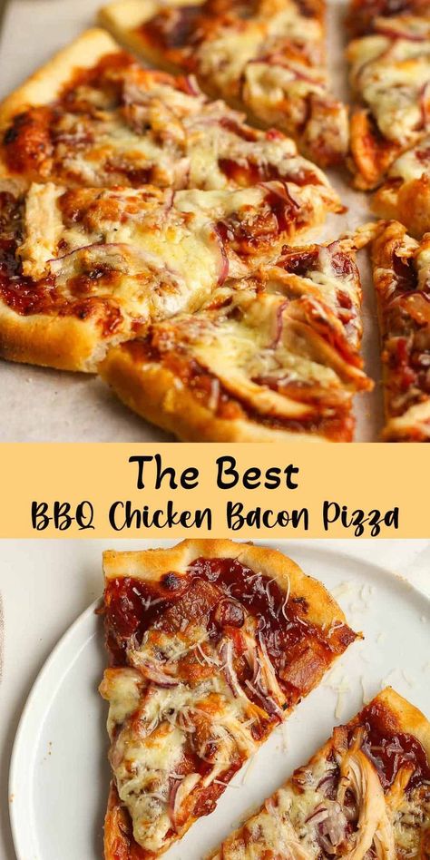 Pizza Night just got better with BBQ Chicken Bacon Pizza! This classic pizza recipe includes my simple homemade dough, barbecue sauce, rotisserie chicken, bacon, sliced red onion, and plenty of cheese. Homemade pizza that's BIG on flavor! Chicken Bacon Pizza, Barbeque Chicken Pizza, Bbq Chicken Pizza Recipe, Best Bbq Chicken, Cheese Homemade, Bacon Pizza, Summertime Recipes, Fresh Fruit Recipes, Crunchy Salad