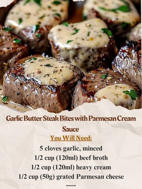 Grandma’s Easy Recipes | Garlic Butter Steak Bites with Parmesan Cream Sauce | Facebook Steak Bites With Cream Sauce, Garlic Butter Steak Bites With Parmesan Cream Sauce, Juicy Steak Bites, Garlic Butter Steak Bites, Butter Steak Bites, Parmesan Cream Sauce, Butter Steak, Garlic Butter Steak, Steak Butter