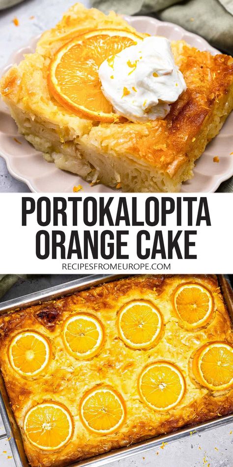 Want to make classic Greek Portokalopita? This beautiful orange phyllo cake is easy to make and soaked in sweet syrup for that perfect bite! Portokalopita Recipe, Greek Skillet, Phyllo Cake, Orange Syrup Cake, Recipes Pastry, Greek Cake, Phyllo Recipes, Orange Cake Recipe, Greek Desserts