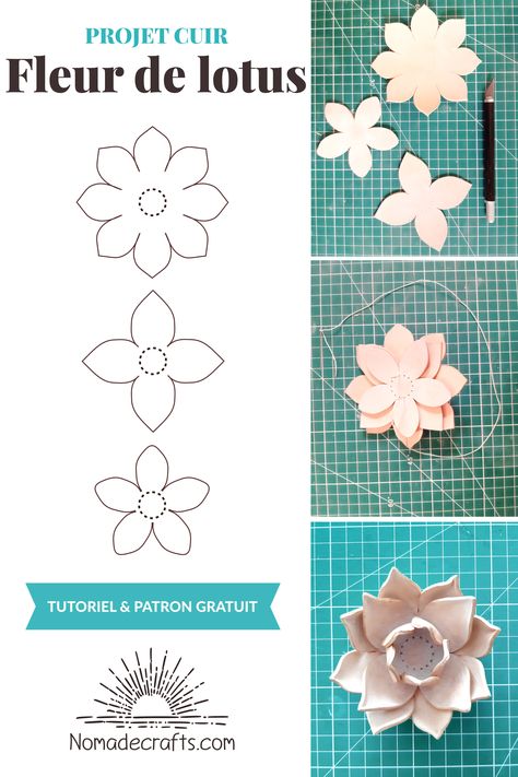 Suivez le lien et réalisez vous-même cette fleur de lotus en cuir avec l'aide du tutoriel illustré et du patron gratuit à télécharger. Clay Lotus Diy, Lotus Flower Template, Kids Diy Ideas, Paper Crafts Ideas, Flowers For Beginners, Paper Projects Diy, Project Paper, Diy Paper Flowers, Lotus Flower Art