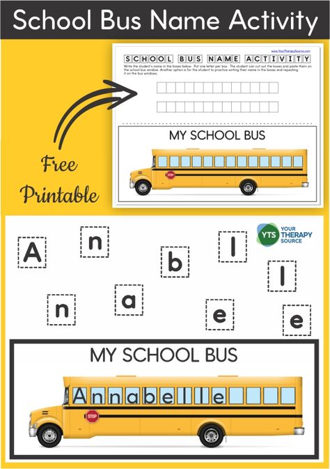 School Bus Activity - Free Name Printable - Your Therapy Source School Bus Template Free Printable, September Crafts, Name Crafts, Name Activities, Bus Card, Kindergarten Teacher, Activity Kits, School Art Projects, Templates Printable Free