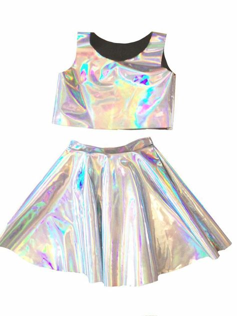 Holographic Outfit, High Waisted Circle Skirt, Holographic Fashion, Crop Top Skirt Set, Jojo Siwa, Girls Fashion Clothes, Rave Outfits, Circle Skirt