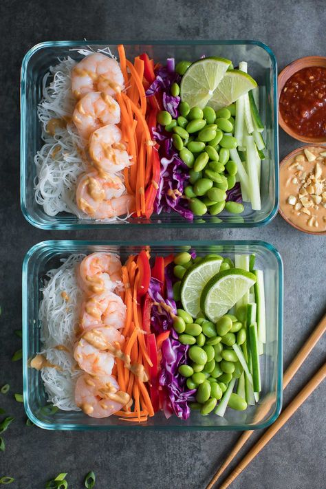 Shrimp Spring Roll Bowls Recipe - Peas and Crayons Fresh Spring Roll Bowl, Spring Rolls Meal Prep, Meal Prep Spring Rolls, Asian Style Meal Prep, Spring Roll Meal Prep, Rice Noodle Meal Prep, Vietnamese Meal Prep, Veggie Filled Meals, Spring Meal Prep