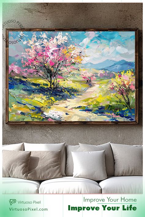 Transform your living space with the vibrant beauty of "Spring Blossoms" from Virtuoso Pixel (SKU: VP10680). This stunning artwork captures the essence of spring with its bright, colorful blossoms and serene landscape, perfect for adding a touch of joy and color to any room. Picture this artwork as the centerpiece of your living room, enhancing your decor with its captivating beauty. Visit our website to learn more about or purchase this exquisite piece today! #VirtuosoPixel #SpringArt #HomeDecorIdeas #ColorfulArt Cheerful Home, Tranquil Art, Meadow Landscape, Symbolic Art, Modern Impressionism, Artwork Inspiration, Indian Art Gallery, Surreal Artwork, Serene Landscape