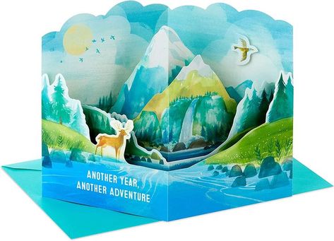 Wish someone an extra happy birthday with a special birthday card they're sure to appreciate. Card arrives flat and unfolds into a three dimensional diorama of a painted mountain lake scene, complete with a moose and birds flying overhead. Message reads: "Another year, another adventure. Wishing you all the things that make this birthday your kind of day." Romantic Birthday Cards, Special Birthday Cards, Lake Scene, Hallmark Greeting Cards, Pop Up Art, Pop Up Book, Lasercut Design, Mountain Lake, Pop Up Cards