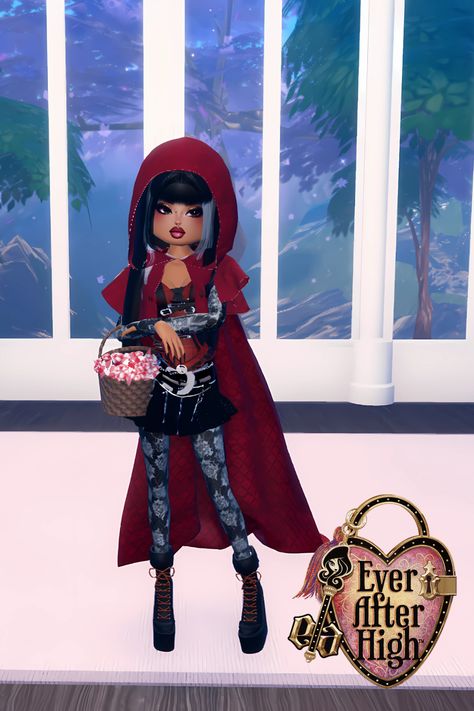 Roblox Dress to Impress look inspired by the Ever After High Character Cerise Hood Ever After High Dress To Impress, Book Club Activities, Hood Dress, Club Activities, Cerise Hood, A Day In Paris, Roblox Dress, Dti Ideas, Custom Cat Portrait