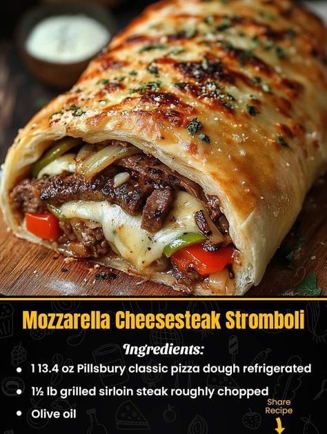 Cuban Stromboli Recipe, Mozzarella Cheesesteak Stromboli, Stromboli With Pizza Dough, Steak Stromboli, Cheesesteak Stromboli, Stromboli Recipes, Stromboli Recipe Easy, Homemade Stromboli, Pot Bread