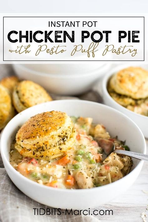 Instant Pot Chicken Pot Pie is healthy, hearty, and topped with a pesto filled puff pastry. Easy, quick dinner that the whole family will love. #instantpot #chickenpotpie #puffpastry Chicken Pot Pie Instant Pot, Pesto Puff Pastry, Filled Puff Pastry, Instant Pot Chicken Pot Pie, Instant Pot Easy, Best Chicken Pot Pie, Chicken Pot Pie Soup, Pot Pie Soup, Easy Chicken Pot Pie