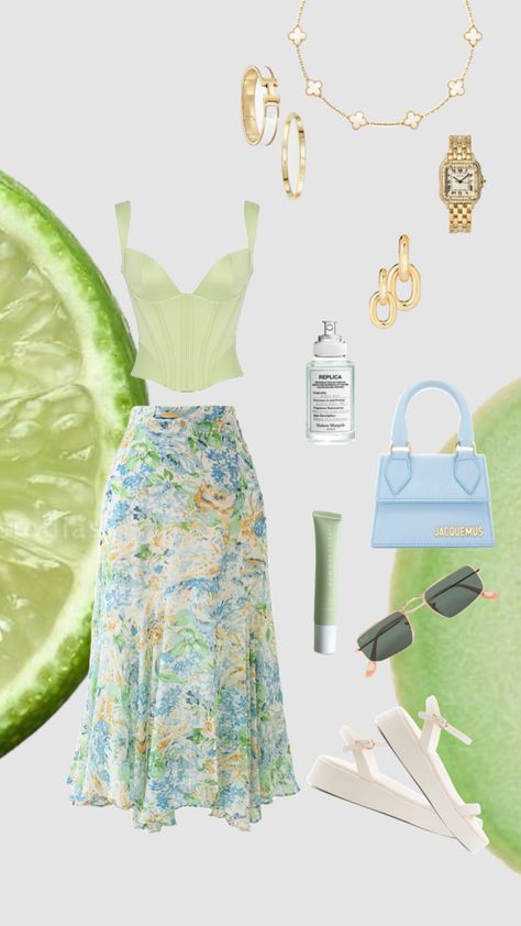 #outfitinspo #summer #summerfit #lime #lightblue #skirt #gold Chill Outfit, Fun Clothes, Chill Outfits, Crop Top Outfits, Island Girl, Cool Outfits, Outfit Ideas, Fashion Inspo, Light Blue