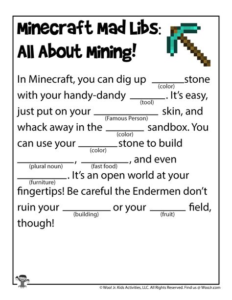 Minecraft Mad Libs Printables | Woo! Jr. Kids Activities Minecraft Worksheets, Free Printable Mad Libs, Mad Libs For Kids, Minecraft Quotes, Minecraft Activities, Minecraft School, Daycare Curriculum, Fun Reading Activities, Literature Activities