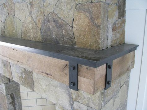 Heavy Blackened steel mantel plate w/ straps by Werken Design, via Flickr Metal Fireplace Mantels, Industrial Fireplace Mantle, Steel Mantle, Metal Mantle, Industrial Fireplace, Shelf Fireplace, Rustic Fireplace Mantels, Mantle Ideas, Metal Fireplace