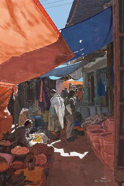 Arabian Market, Market Painting, Urban Ideas, Composition Painting, Market Art, Visual Library, Urban Wall Art, Painting Reference, Medieval Village