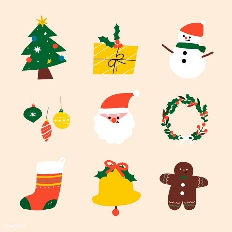 Festive Christmas icon set social ads template vector | premium image by rawpixel.com / Toon Christmas Illustration Design, Ads Template, Wreath Snowman, Christmas Card Illustration, Holiday Symbols, Christmas Gingerbread Cookies, Star Christmas Tree, Kawaii Christmas, Christmas Gingerbread Men