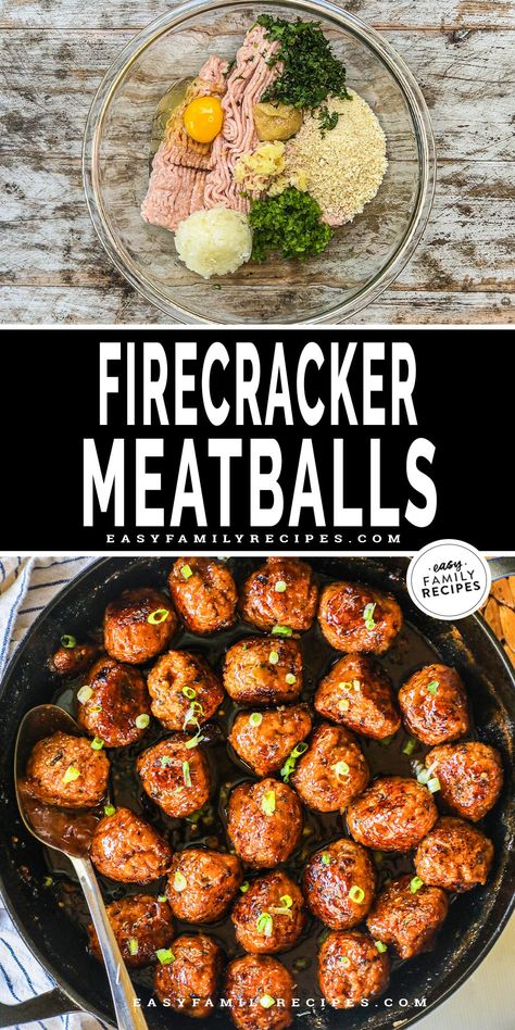 One of my absolute FAVORITE chicken recipes! Whether you make them as a game day appetizer or easy weeknight dinner, these Firecracker Chicken Meatballs are guaranteed to be a hit. Tender, moist ground chicken meatballs are simmered in a sticky sauce loaded with sweet, spicy, and tangy flavors. Serve them over rice to make them a meal or on a toothpick for a party snack. Firecracker Chicken Meatballs, Firecracker Meatballs, Ground Chicken Recipe, Favorite Chicken Recipes, Ground Chicken Meatballs, Asian Steak Bites, Firecracker Chicken, Sticky Sauce, Meat Eater