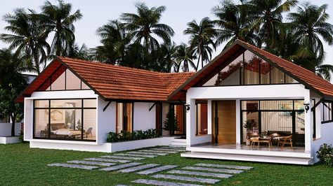 Kerala House Design Contemporary, Traditional Tropical House, House Exterior Design Kerala, Kerala House Design Traditional Elevation, Kerala Traditional House Exterior, Small Tropical House Design, Kerala Style House Plan, Small Tropical House, Traditional Kerala House