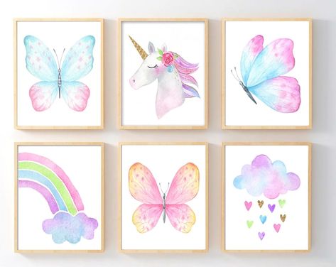 Unicorn Nursery Art, Unicorn Bedroom, Butterfly Room, Unicorn Wall Art, Fruit Wall Art, Watercolor Butterfly, Girl Nursery Wall, Rainbow Room