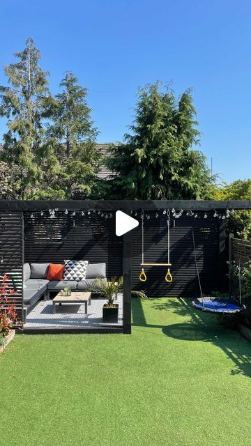 413K views · 6.1K likes | Claire Moran Designs - Interior Design Studio on Instagram: "G I N  T E R R A C E  B U I L D

As promised here’s how we built the gin terrace all ready for summer 🍸

It was all systems go once the 13 chunky timbers arrived to form the frame. 6 were concreted upright into the ground and 7 placed across the top. Sleepers created the edge for the base and timber slats were placed around one side and all the way along the back. We also built a reveal for some privacy and for Louie the monkey light. A concrete slab was then laid ready for tiling before the whole structure was painted black and the electrics were installed. Then our geometric tiles were placed on the base sitting flush with the top of the sleepers. 

Lastly to keep the kids happy we added trapeze bars Timber Garden Edging, Terrace Designs, Party Backyard, Yard Ideas Backyard, Pools Backyard, Backyard Beach, Privacy Screen Outdoor, Beautiful Patios, Small Backyard Patio