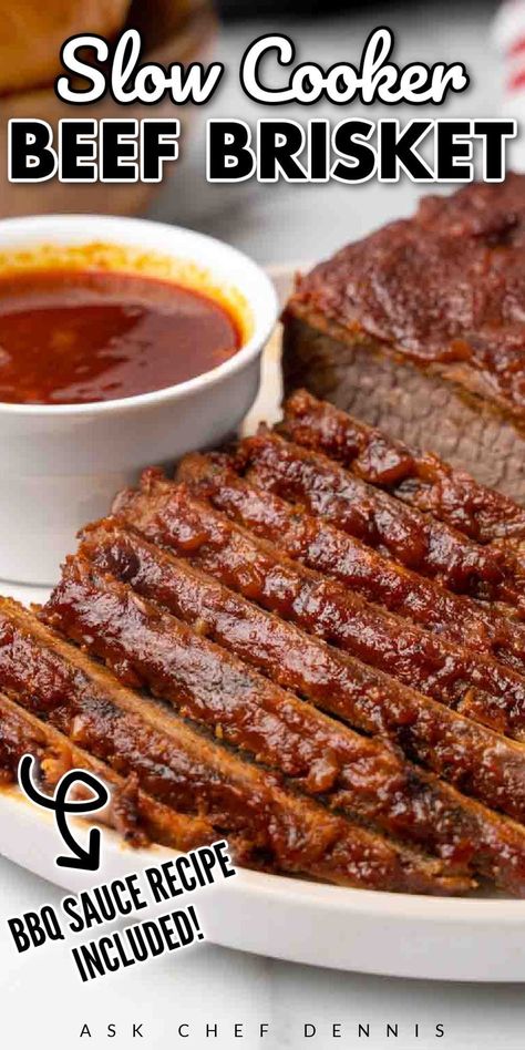 Beef Brisket and homemade barbecue sauce doesn’t have to be difficult and you don’t need a grill or smoker! Make this delicious brisket and bbq sauce in about 15 minutes of prep, and then your slow cooker does the rest! Try this recipe for your family this weekend! Brisket Bbq Sauce Recipe, Slow Cooker Beef Brisket, Slow Cooker Brisket, Homemade Barbecue, Sauces Recipes, New Recipes For Dinner, Homemade Bbq Sauce, Beef Brisket Recipes, Homemade Barbecue Sauce