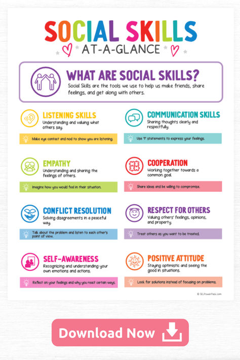 There's a lot to learn about exploring our feelings and social interactions. Social Emotional Learning At-A-Glance makes it fun and easy!

This resource is packed with 13 kid-friendly worksheets, exercises and activities to bring SEL to life. And inspire your kids to embrace personal growth.

Download our SEL "Cheat Sheets" and get started now! Social Emotional Activities, Mental Health Activities, Social Emotional Learning Activities, Teaching Social Skills, School Social Work, Counseling Activities, Social Emotional Skills, Social Behavior, Counseling Resources