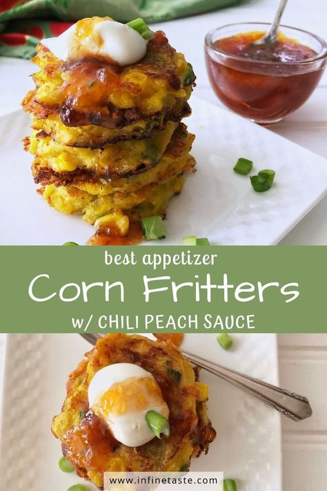 Crisp, cheesy corn fritters make the best appetizer. This corn fritter easy recipe has sweet chili sauce for dipping made with peaches. #cornfritters #cornfrittersrecipe #cornfrittereasy #sweetchilisauce #appetizer Cheesy Corn Fritters, Corn Fritter, Corn Pancakes, Peach Sauce, Smoked Chili, Bacon Wrapped Jalapeno Poppers, The Best Appetizers, Bacon Wrapped Jalapenos, Cheesy Corn