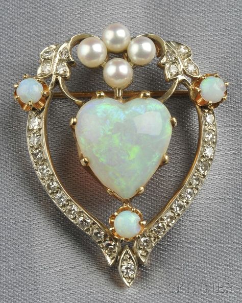 Opal, Cultured Pearl, and Diamond Pendant/Brooch, set with a heart-shaped opal measuring approx. 15.20 x 13.90 x 5.50 mm, single-cut diamond melee accents, pearl and opal highlights, silver-topped 14kt gold mount, lg. 1 1/2 in. Bijoux Art Nouveau, Diamond Brooch, Art Nouveau Jewelry, Deco Jewelry, Vintage Jewels, Art Deco Jewelry, Antique Jewellery, Opal Jewelry, Heart Jewelry