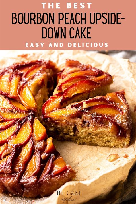 This easy upside-down cake made with fresh peaches, bourbon, and cinnamon is a caramelized cake dream! Take your time laying the peach slices in the caramel to create a gorgeously decorated dessert. Peach Bourbon Upside Down Cake, Bourbon Peach Upside Down Cake, Bourbon Peach Pie, Peach Upside Down Cake, Bourbon Caramel, Peach Pound Cakes, Fruit Toppings, Peach Cake, Moist Cake