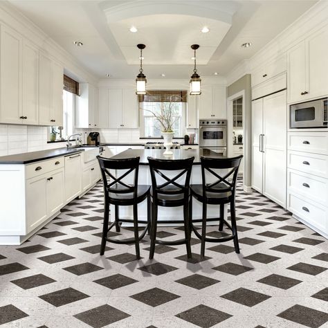 Add a sense of luxury to your space with the Cassatone Lapis with Black porcelain mosaic wall and floor tile. This 15" x 15" matte tile has deep charcoal and cream pieces with flecks of color for a realistic stone appearance. The color contrast creates a bold pattern that will stun in an entryway, patio or kitchen. | Cassatone Lapis with Black Mosaic Wall and Floor Tile - 15 x 15 in | Wall Tile | Porcelain | The Tile Shop Rectangle Checkered Floor, Black And White Floor Tiles Hallway, Black And White Tile Kitchen Floor, Black And White Checkered Floor Kitchen, Black And White Kitchen Tile, Black And White Tile Kitchen, Black And White Kitchen Floor, Checkered Kitchen Floor, Checkered Tile Floor