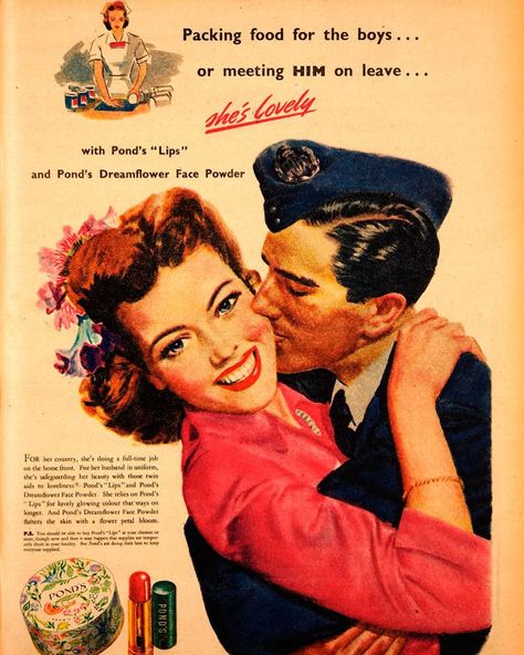 Wartime ads were all about looking your best, supporting your man, and doing your patriotic duty! #WW2 . . . #adstyle #vintage #vintageads #advertisingart #vintagemakeupads #vintagebeautyproducts #magazinedesign #magazinelover #brandswelove #classicmakeup #elegance #colorful #storytelling #oldtime #goldenage #mod #retro #retroart #modstyle #creativearts Vintage Makeup Ads, Wwii Posters, Ww2 Posters, Makeup Ads, Photography Jobs, Old Advertisements, Beauty Ad, National Library, Retro Advertising