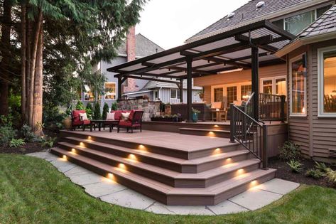 24 Jaw-Dropping Backyard Deck Ideas That Will Inspire You Tiered Back Deck, Deck With Wrap Around Steps, Freestanding Deck Ideas, Upper Deck Ideas Second Story, 2nd Floor Deck Ideas, Cabin Deck Ideas, Deck Stairs Ideas, Multi Level Deck Ideas, Second Story Deck Ideas