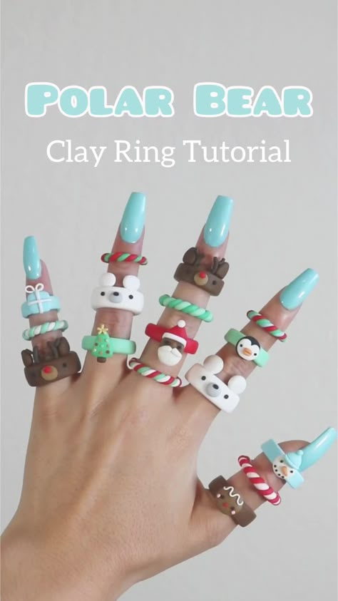 Things To Do With Polymer Clay Ideas, Clay Rings Bear, Bear Ring Clay, Christmas Clay Rings, Clay Ring Tutorial Video, What To Do With Polymer Clay, Polymer Clay Ring Tutorial, Cute Things To Do With Clay Easy, Rings Made Of Clay