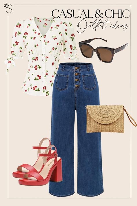 Casual Chic Outfit Idea - Cherry Blouse Cherry Outfit Ideas, Elevated Outfits, Cherry Blouse, Keep Secret, Bodysuit And Skirt, Jeans With Heels, Body Suit With Shorts, Blouse Jeans, Long Trousers