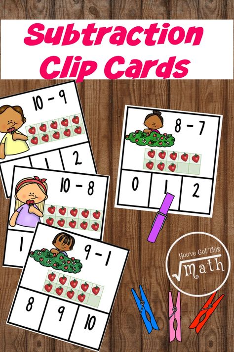 Subtraction Mats Free Printable, Clip Cards Free Printable, Addition For Kindergarten, Kindergarten Subtraction Activities, Subtraction Centers, Subtraction Within 10, Task Cards Free, Subtraction Kindergarten, Subtraction Games