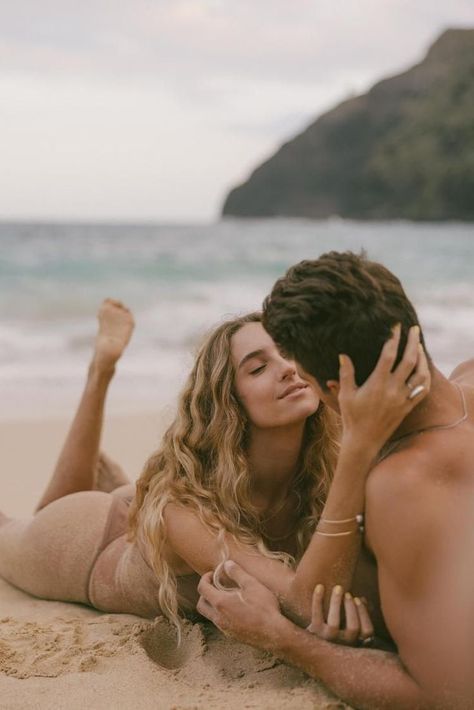 Bathing Suit Engagement Photos, Tropical Couples Photoshoot, Swimsuit Couple Photoshoot, Couples Beach Photoshoot Bathing Suit, Bathing Suit Couple Pictures, Hawaii Couple Photos, Couples Beach Pictures Bathing Suits, Intimate Beach Couple Pictures, Hawaii Beach Photoshoot