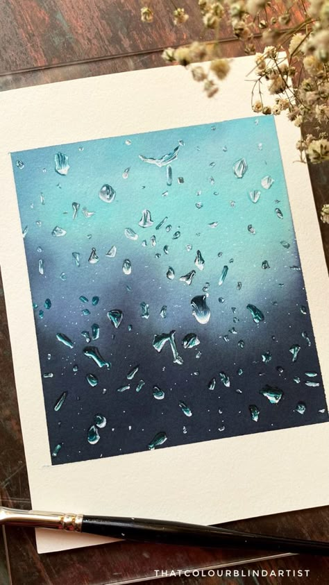 Realistic art, Watercolor art, waterdrop illustration Rain Aesthetic Painting, Painting Water Drops, Rain Drops Painting, Raindrops Painting Tutorial, Paint Water Droplets, Rain Painting Gouache, Watercolor Paintings Nature, Sky Art Painting, Landscape Painting Tutorial