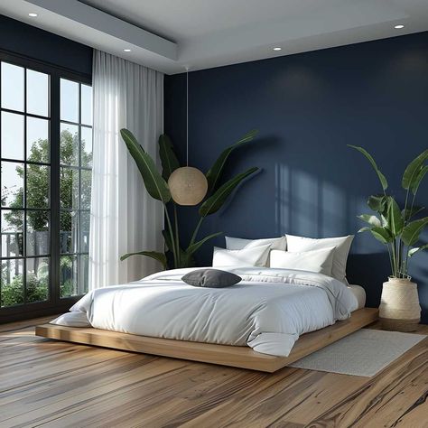 "Elegant Bedroom Lighting: Home Decor Inspo" Simple Room Interior Bedroom, Room Colour Combinations Bedrooms, Minimalist Bedroom Blue, Interior Design Blue Bedroom, Living Minimalist Lifestyle, Colour Combination For Bedroom, Sunny Interior, Colour Bedroom, Wooden Paneling