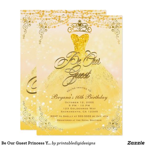 Be Our Guest Princess Yellow & Gold Sweet 16 Party Invitation Yellow Quince, Princess Sweet 16, Gold Sweet 16, Sweet 16 Party Invitations, Sparkle Birthday, Sweet 16 Party, 16th Birthday Invitations, Yellow Theme, Be Our Guest