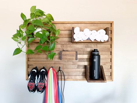 Gym Wall Organizer, Peloton Room, Home Gym Wall, Home Gym Storage, Gym Organizer, Bike Shelf, Yoga Mat Holder, Gym Room At Home, Gym Wall