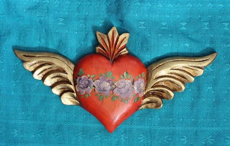 Details about Large Wood Sacred Heart Wings & Flowers Folk Art ... Sacred Heart With Wings, Cold Porcelain Jewelry, Heart With Wings Tattoo, Gif Ideas, Mexican Wall Art, Heart Ideas, Flaming Heart, Heart Wings, Sacred Hearts