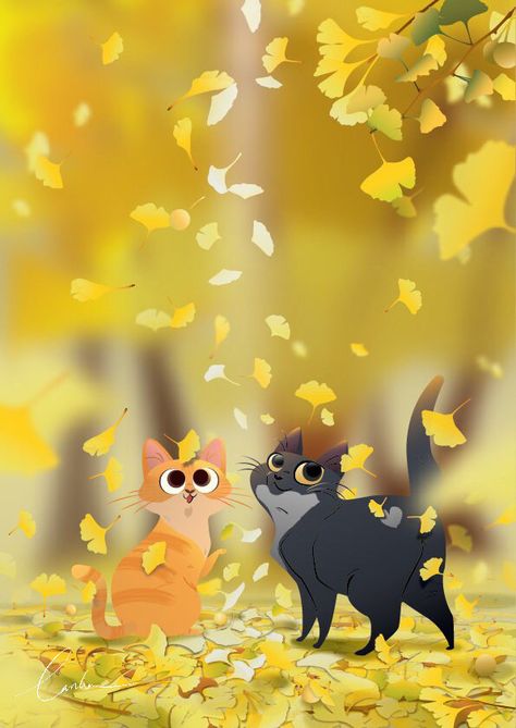 autumn cats on Behance Gingko Illustration, Autumn Cats, Cat Illustrations, Cute Animal Illustration, Love Cat, Book Illustration Art, Cats Illustration, Illustration Artwork, Cute Animal Drawings