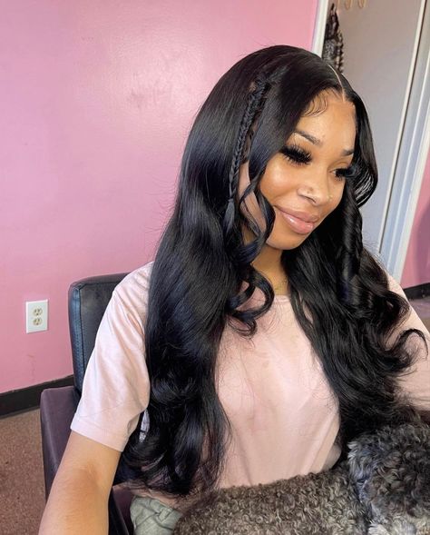 Wig Hairstyles Ideas Black Women Fishtail, Fishtail With Curls, Middle Part Sew In With Fishtail Braid, Middle Part With Fishtail Braid, Hairstyle Suggestions, Valentines Hair, Bombshell Curls, Sleek Braided Ponytail, Lace Wigs Styles