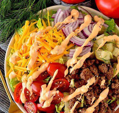 Big Mac Salad - Iowa Girl Eats December Meals, Gluten Free Salad, Awesome Salads, Mac Salad Recipe, Ketogenic Meals, Veggie Salads, Salad Recipes Gluten Free, Big Mac Salad, Clean Eating Guide