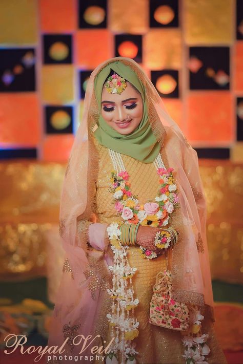 Hijabi Haldi Bride, Bride With Hijab, Hijab Princess, Muslim Wedding Dress Hijab Bride, Mehendi Bride, Haldi Bride, Bangladeshi Bride, Hijabi Bride, Wedding Dress Hijab