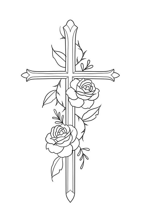 Rose Tattoo Outline, Skull Thigh Tattoos, Cross Coloring Page, Abstract Tattoo Ideas, Cross Drawing, Cross Tattoos For Women, Mom Tattoo Designs, Cross Tattoo Designs, Skeleton Hand Tattoo