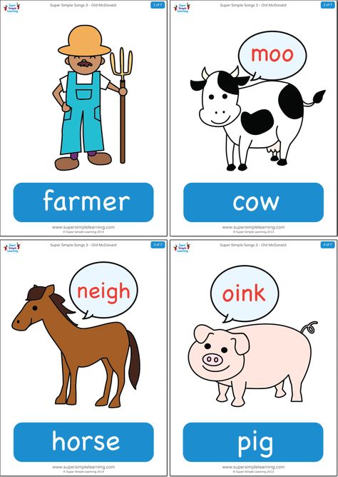 Old McDonald Flashcards | Super Simple Farm Animal Flashcards, Old Mcdonald Had A Farm, Farm Animals Preschool, Old Mcdonald, Simple Songs, Classroom Songs, Super Simple Songs, Farm Unit, Farm Preschool