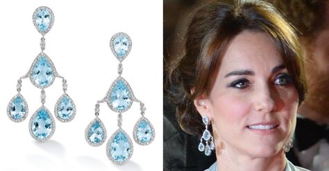 The Duchess debuted a stunning pair of new earrings by Robinson Pelham for her appearance at The Cinema and Television Benevolent Fund's Royal Film Performance 2015 of the 24th James Bond Adventure, "Spectre" at Royal Albert Hall on October 26, 2015. This jeweller also designed the earrings she wore on her wedding day. The striking pagoda earrings are set with blue topaz and diamonds in white gold. Robinson Pelham, Royal Films, The Cinema, Royal Albert Hall, New Earrings, The Duchess, Fashion Icon, Eye Jewelry, Royal Albert