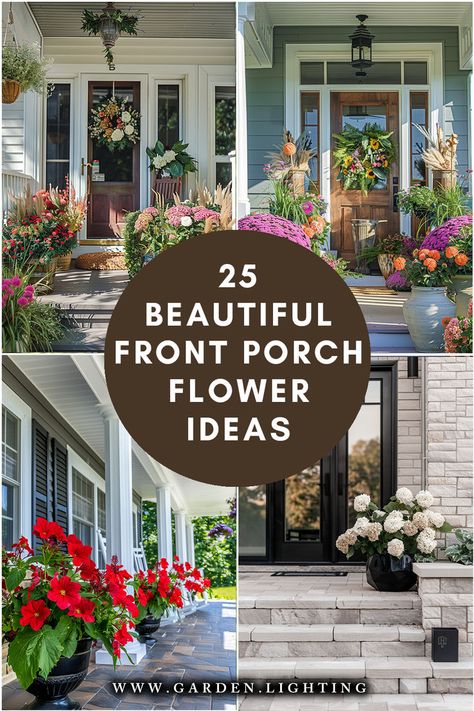 collage of photos of front porch flower ideas Front Porch Planter Ideas Entrance, Front Porch Planters Entrance, Front Porch Flower Pots Entrance, Entrance Flower Decoration, Flowers On Porch, Front Porch Flower Ideas, Pho Recipes, Porch Planter Ideas, Front Porch Flower Pots