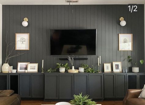 Built In Tv Wall, Crown Tv, Ikea Cabinet, Black Feature Wall, Modern Tv Wall Units, Tv Table, Cosy Living Room, Dorm Room Inspiration, Shed Homes